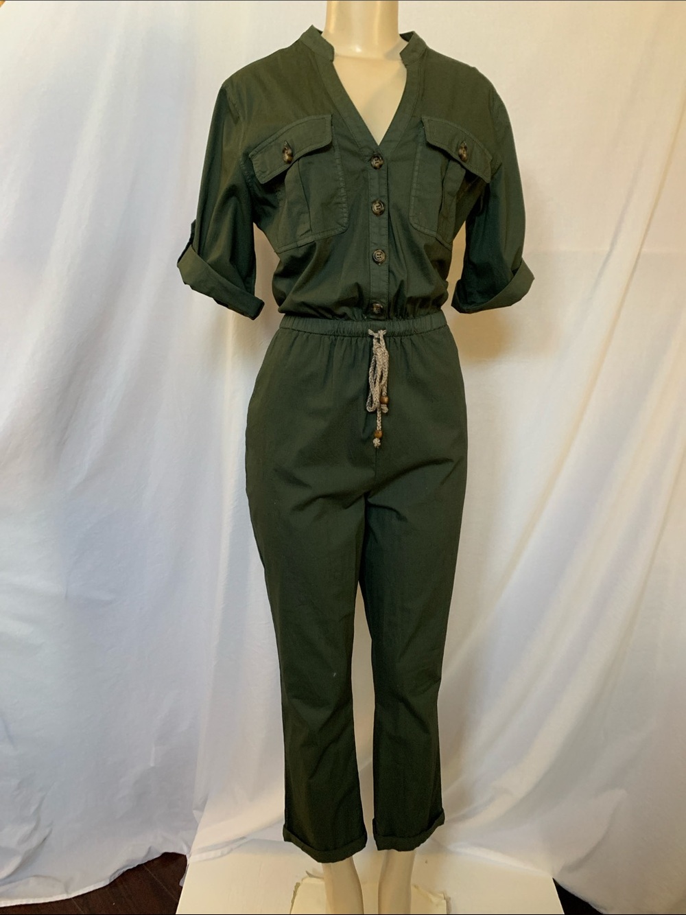 DEMOCRACY Women’s Olive Green High-Waist Utility Jumpsuit Short Sleeve NWOT